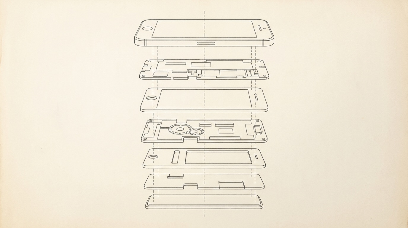 Exploded assembly drawing of a phone separated into seven stacked layers along dashed alignment axes