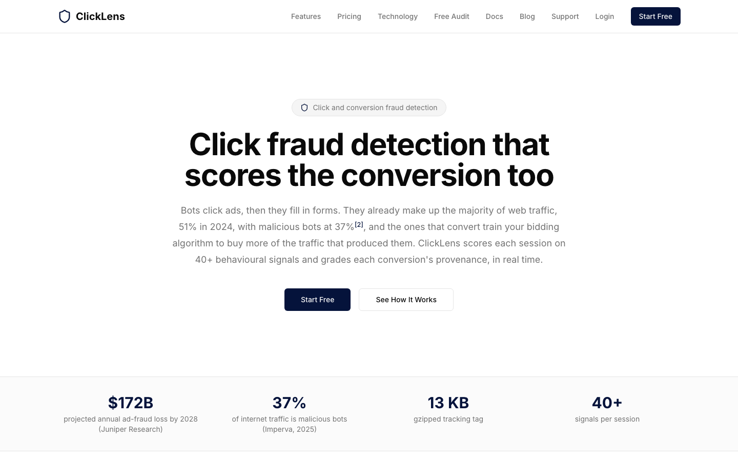 ClickLens home page explaining click and conversion fraud detection