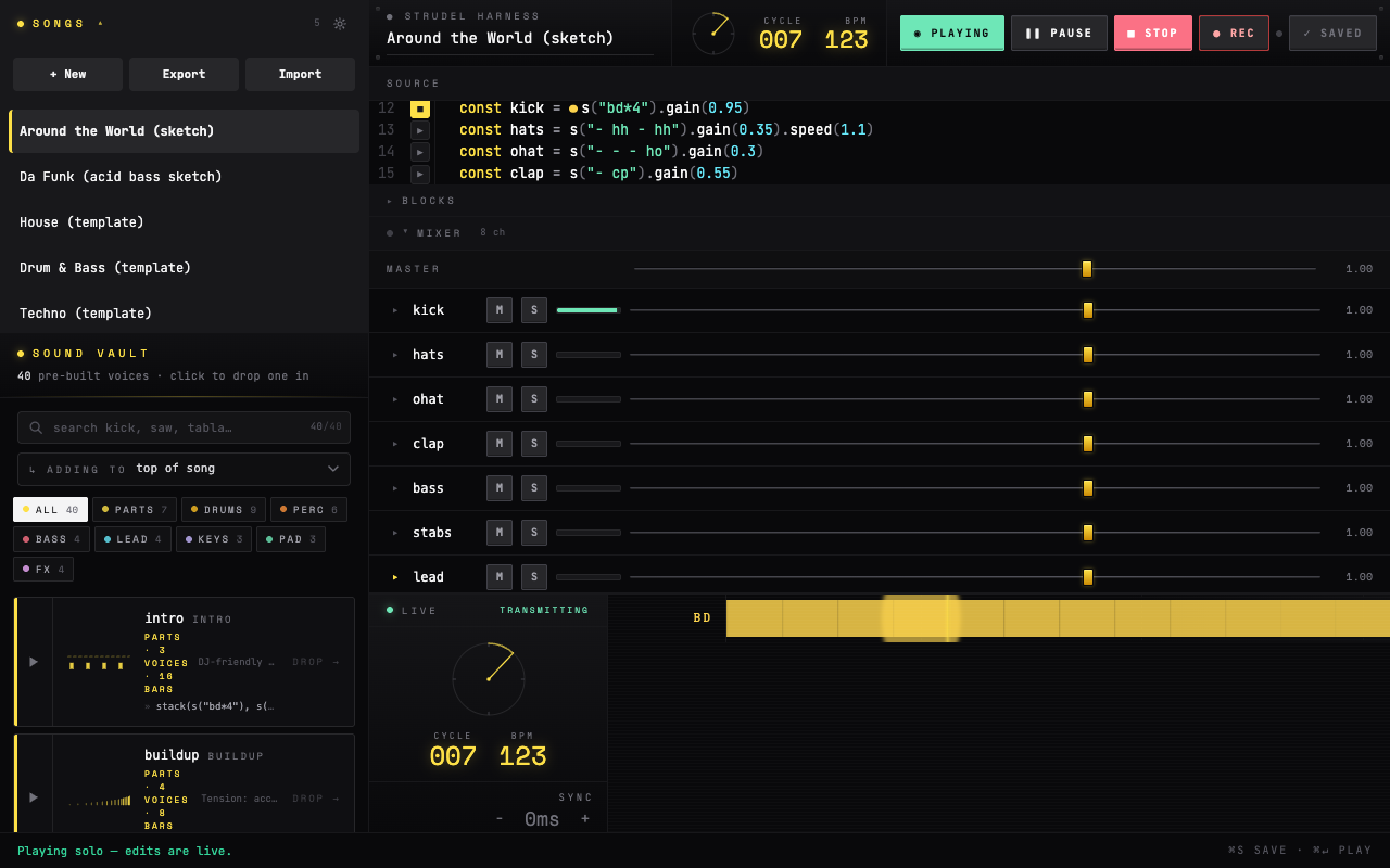 Strudo live-coding studio mid-playback with mixer channels and pattern code